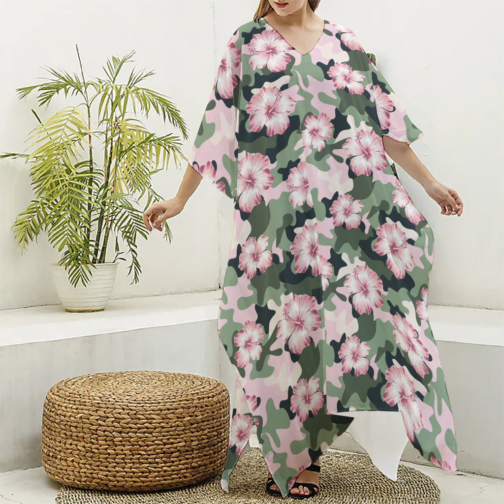 Pink Hibiscus Flower Camouflage Print Silk V-Neck Kaftan Dress