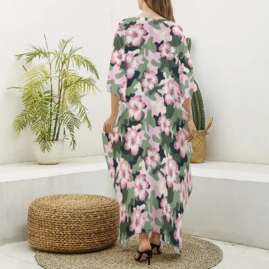 Pink Hibiscus Flower Camouflage Print Silk V-Neck Kaftan Dress