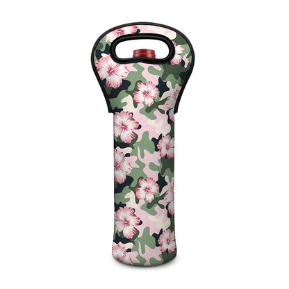 Pink Hibiscus Flower Camouflage Print Single Neoprene Wine Tote