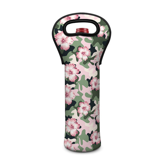 Pink Hibiscus Flower Camouflage Print Single Neoprene Wine Tote