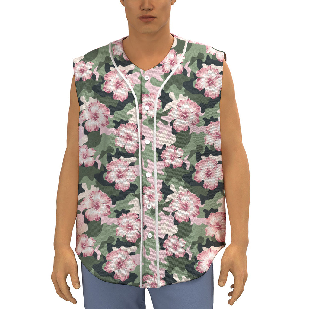 Pink Hibiscus Flower Camouflage Print Sleeveless Baseball Jersey
