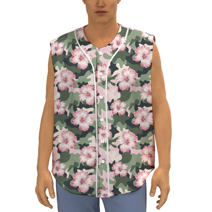 Pink Hibiscus Flower Camouflage Print Sleeveless Baseball Jersey