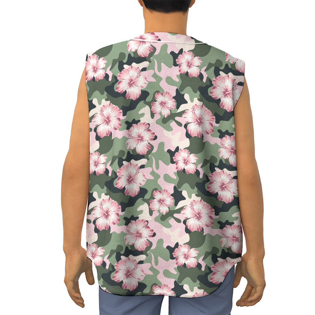 Pink Hibiscus Flower Camouflage Print Sleeveless Baseball Jersey