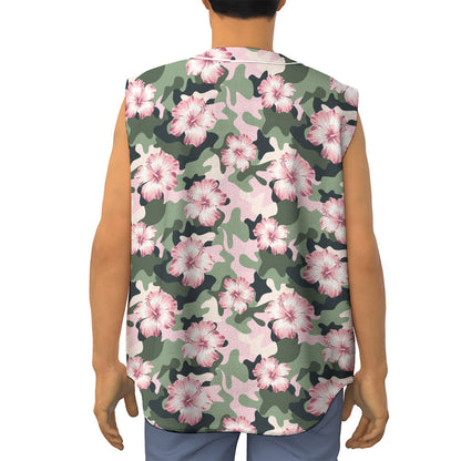 Pink Hibiscus Flower Camouflage Print Sleeveless Baseball Jersey