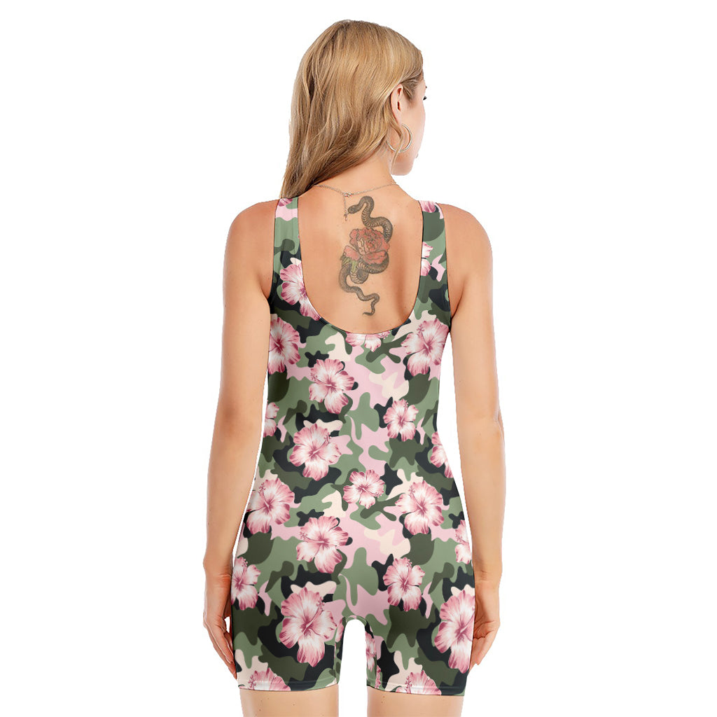 Pink Hibiscus Flower Camouflage Print Sleeveless One Piece Swimsuit