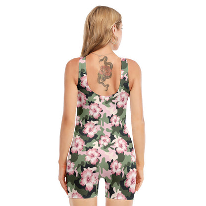 Pink Hibiscus Flower Camouflage Print Sleeveless One Piece Swimsuit