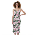 Pink Hibiscus Flower Camouflage Print Slim Fit Midi Cami Dress
