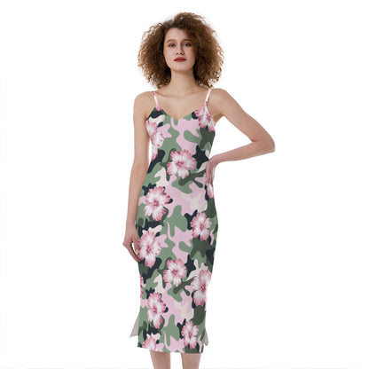 Pink Hibiscus Flower Camouflage Print Slim Fit Midi Cami Dress