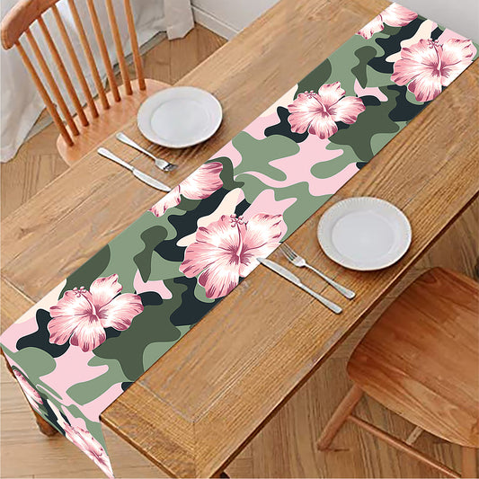 Pink Hibiscus Flower Camouflage Print Table Runner