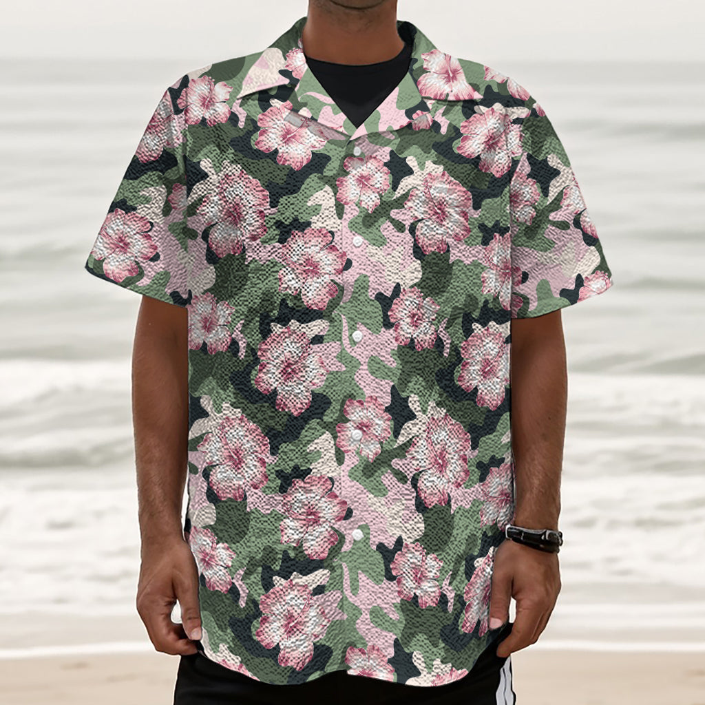 Pink Hibiscus Flower Camouflage Print Textured Short Sleeve Shirt
