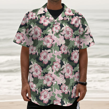 Pink Hibiscus Flower Camouflage Print Textured Short Sleeve Shirt
