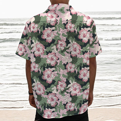 Pink Hibiscus Flower Camouflage Print Textured Short Sleeve Shirt