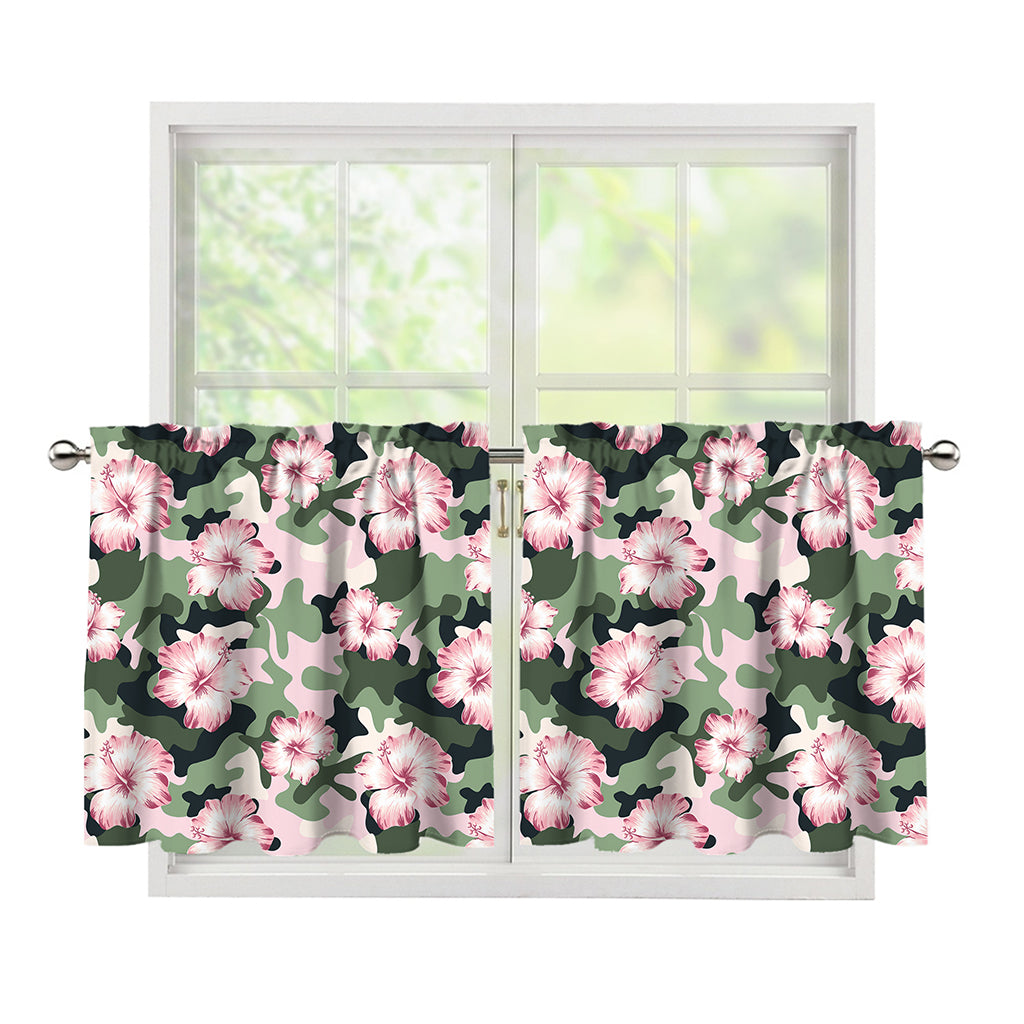 Pink Hibiscus Flower Camouflage Print Tier Curtains