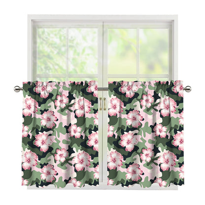 Pink Hibiscus Flower Camouflage Print Tier Curtains