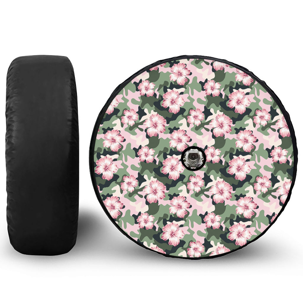 Pink Hibiscus Flower Camouflage Print Tire Cover With Camera Hole