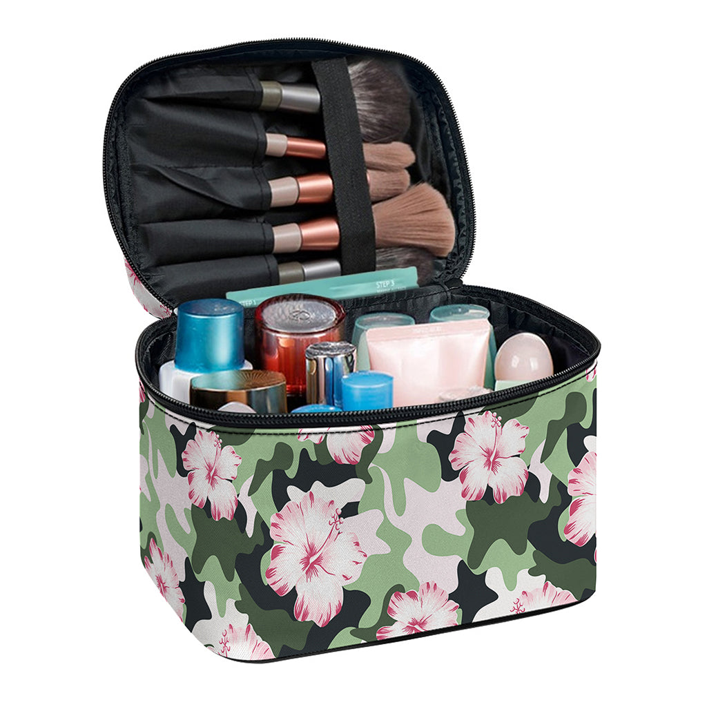 Pink Hibiscus Flower Camouflage Print Travel Makeup Bag