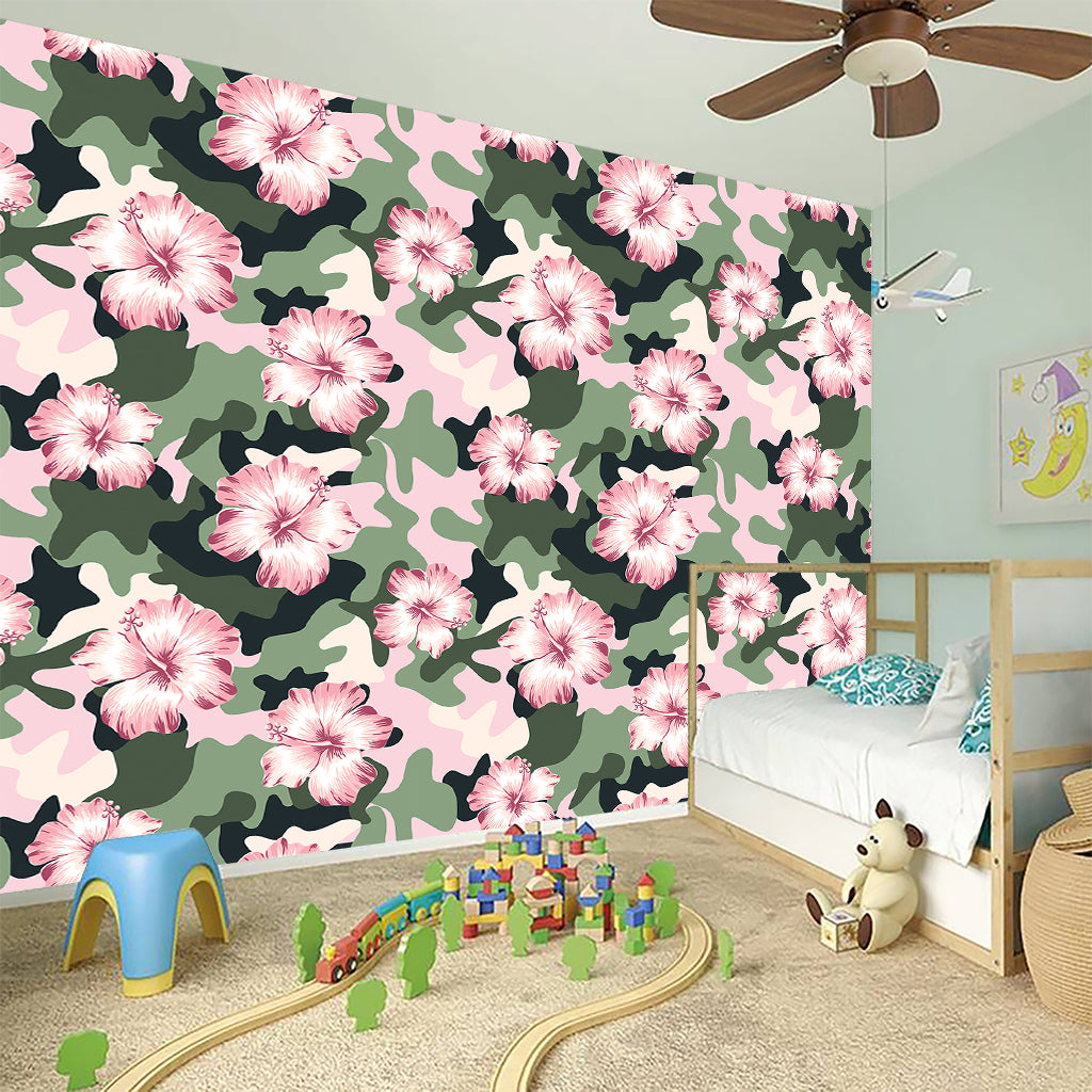 Pink Hibiscus Flower Camouflage Print Wall Sticker