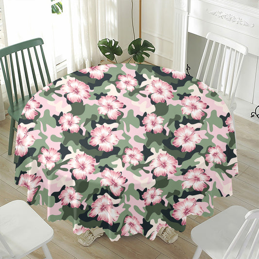 Pink Hibiscus Flower Camouflage Print Waterproof Round Tablecloth
