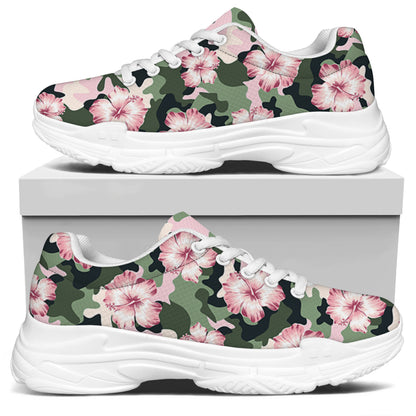 Pink Hibiscus Flower Camouflage Print White Chunky Shoes