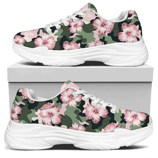 Pink Hibiscus Flower Camouflage Print White Chunky Shoes