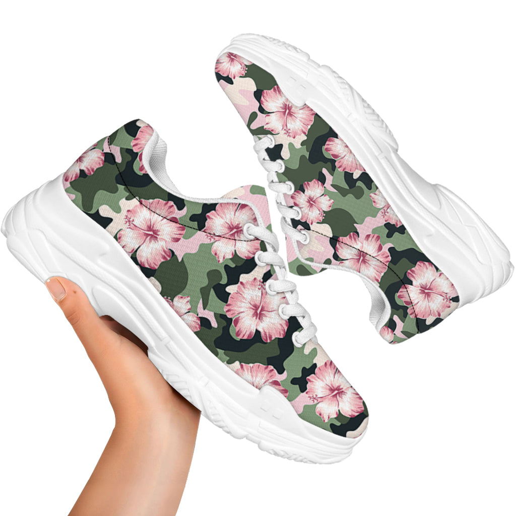 Pink Hibiscus Flower Camouflage Print White Chunky Shoes