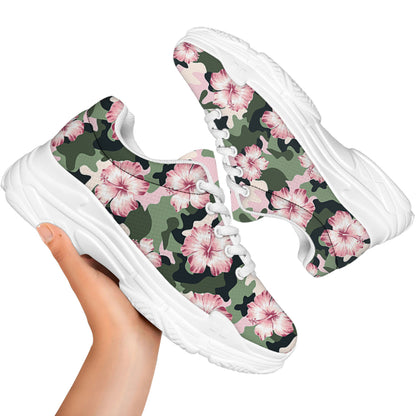 Pink Hibiscus Flower Camouflage Print White Chunky Shoes