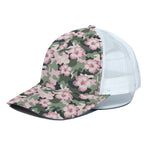 Pink Hibiscus Flower Camouflage Print White Mesh Trucker Cap