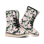 Pink Hibiscus Flower Camouflage Print Winter Boots