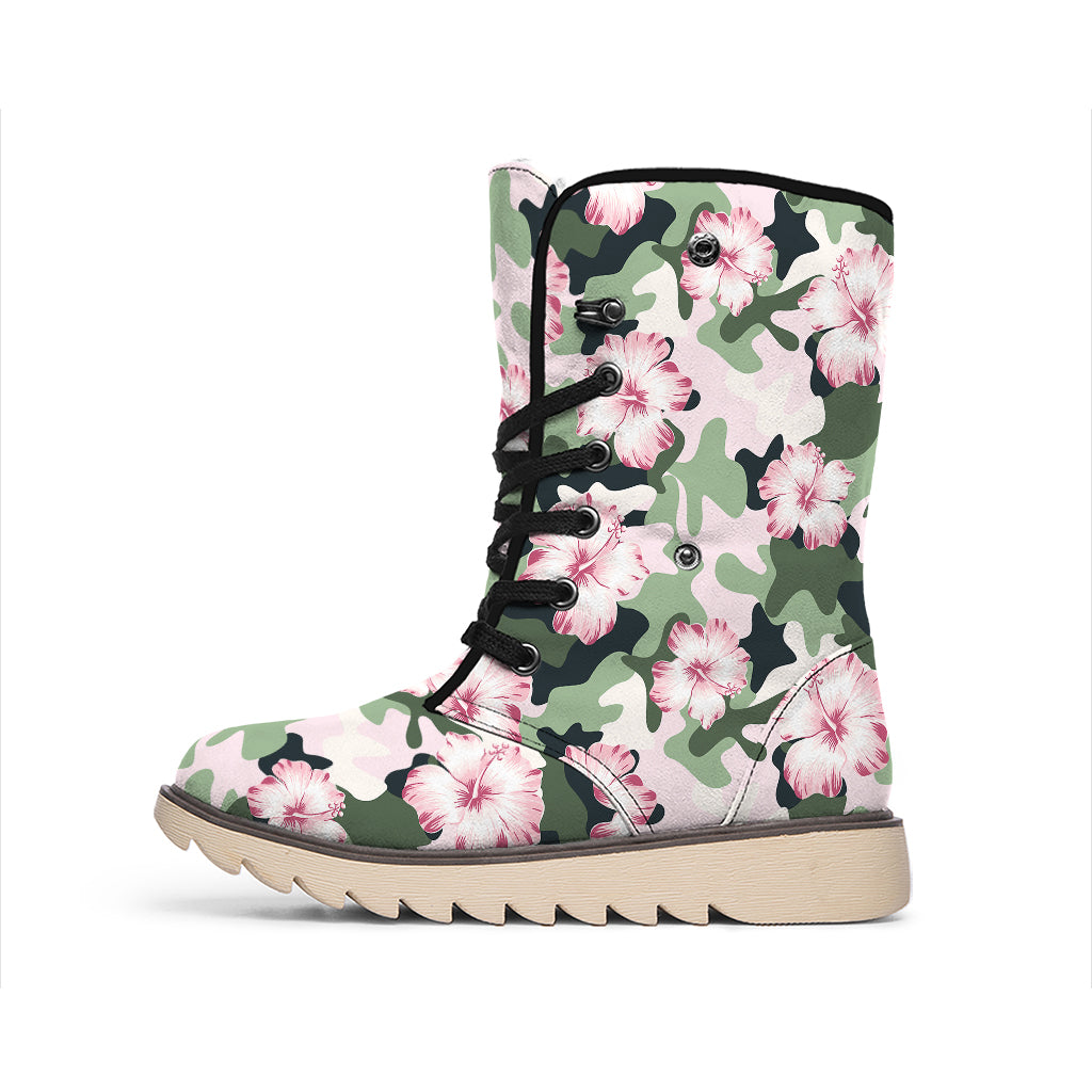 Pink Hibiscus Flower Camouflage Print Winter Boots