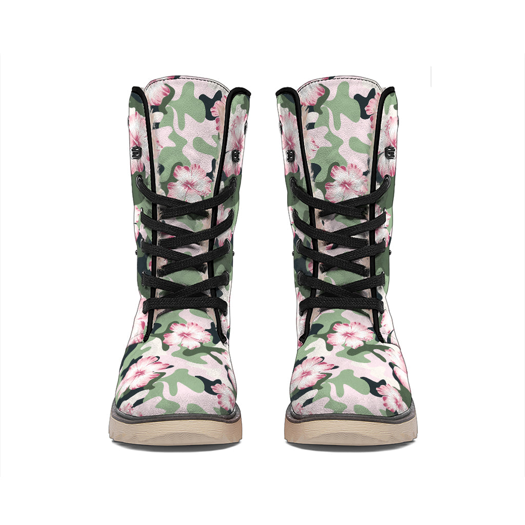 Pink Hibiscus Flower Camouflage Print Winter Boots