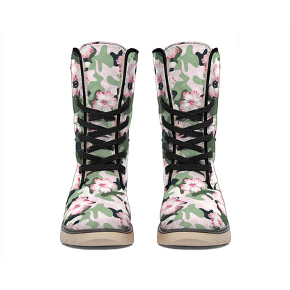 Pink Hibiscus Flower Camouflage Print Winter Boots