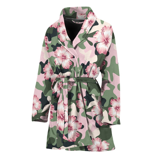 Pink Hibiscus Flower Camouflage Print Women's Bathrobe