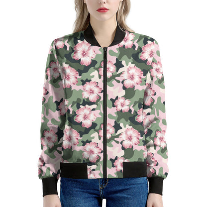 Pink Hibiscus Flower Camouflage Print Women's Bomber Jacket