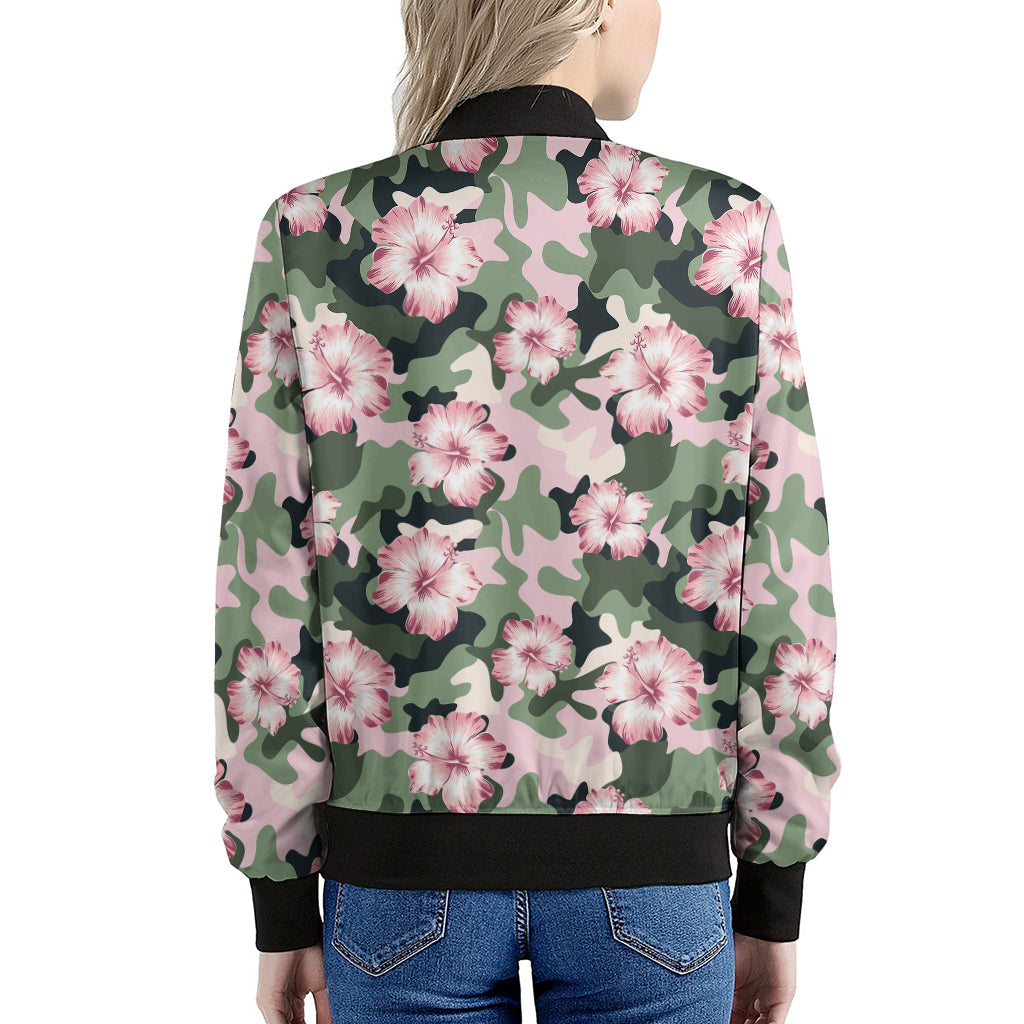 Pink Hibiscus Flower Camouflage Print Women's Bomber Jacket