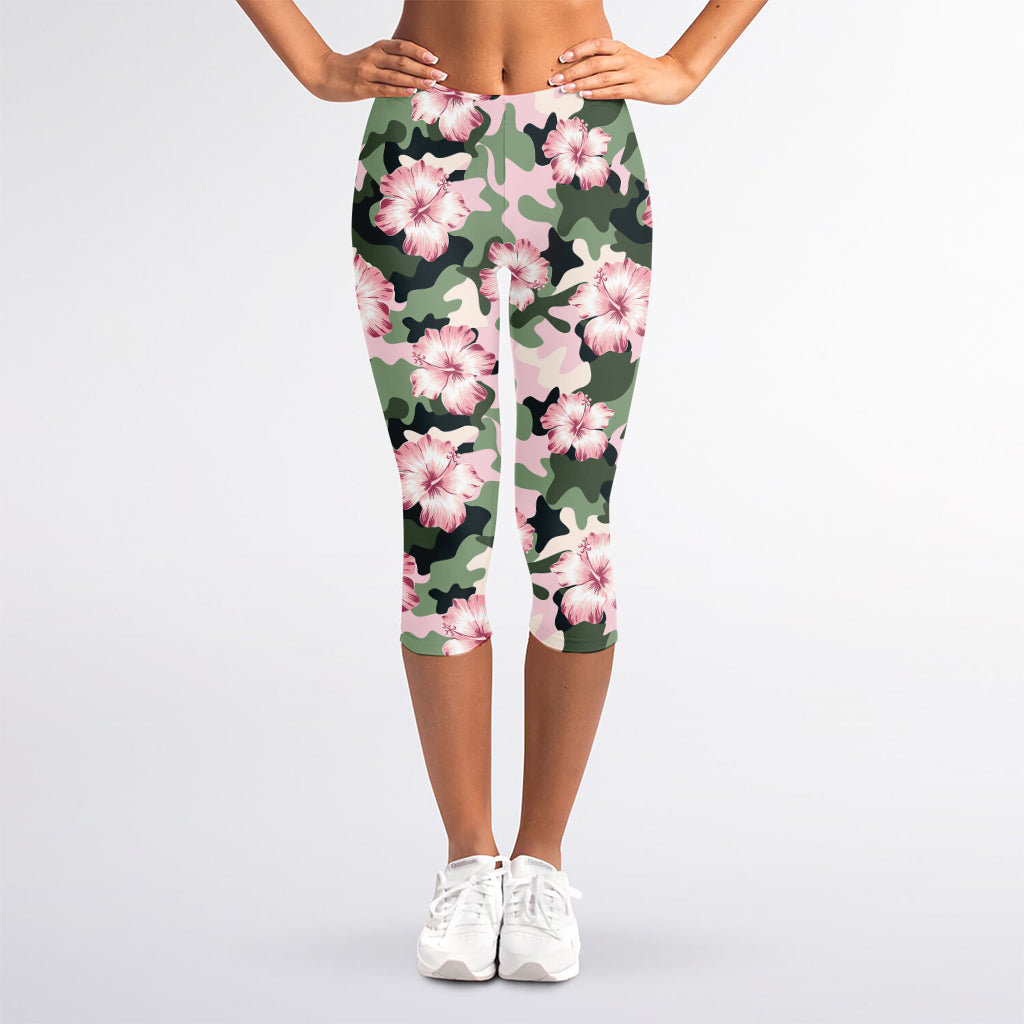 Pink Hibiscus Flower Camouflage Print Women's Capri Leggings