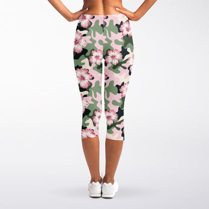 Pink Hibiscus Flower Camouflage Print Women's Capri Leggings