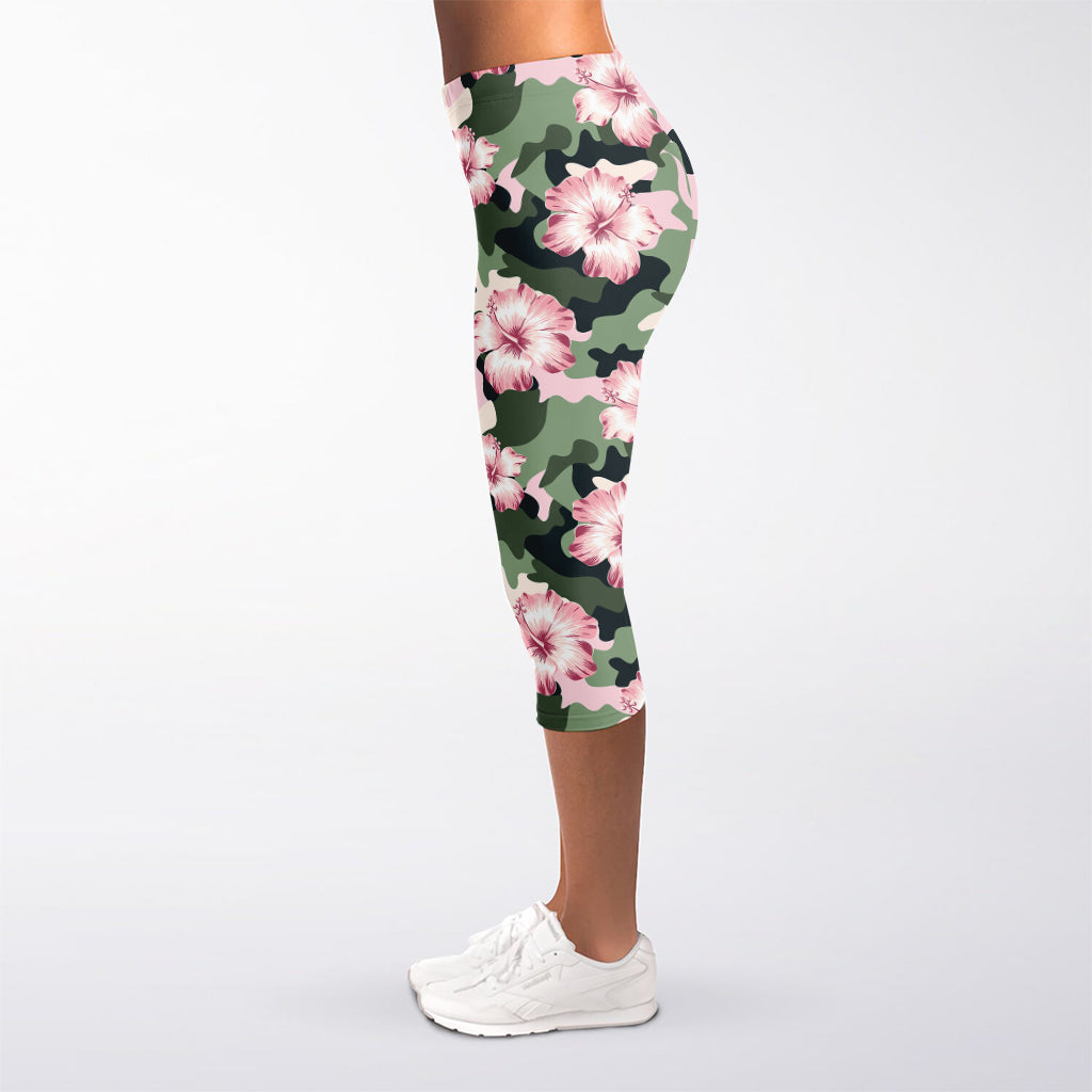 Pink Hibiscus Flower Camouflage Print Women's Capri Leggings