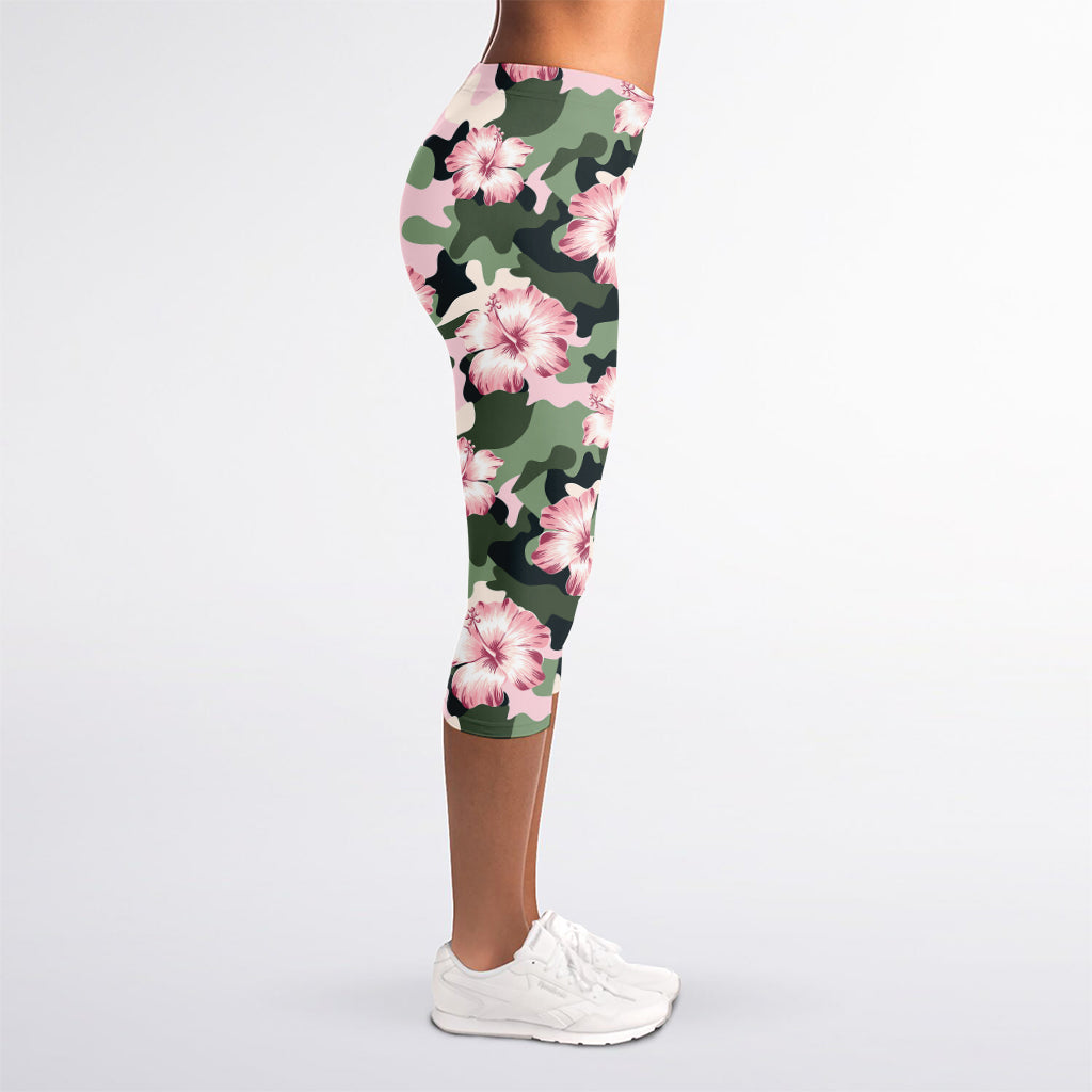 Pink Hibiscus Flower Camouflage Print Women's Capri Leggings