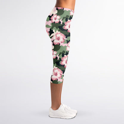 Pink Hibiscus Flower Camouflage Print Women's Capri Leggings