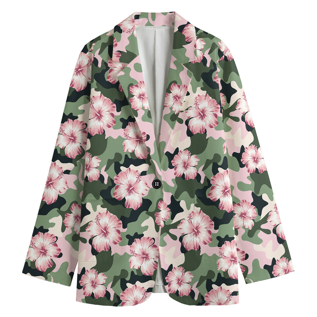 Pink Hibiscus Flower Camouflage Print Women's Cotton Blazer