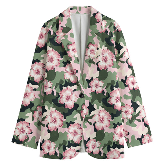 Pink Hibiscus Flower Camouflage Print Women's Cotton Blazer