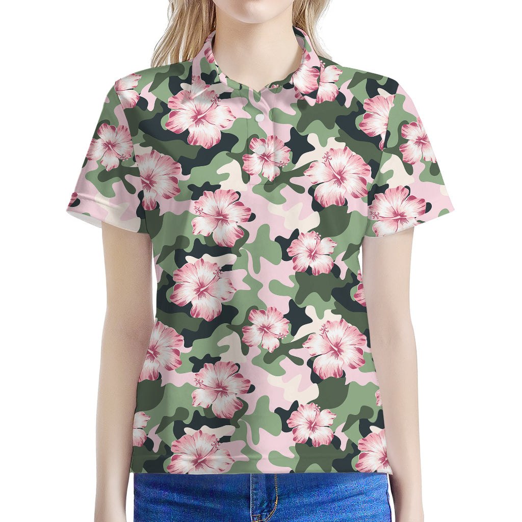 Pink Hibiscus Flower Camouflage Print Women's Polo Shirt