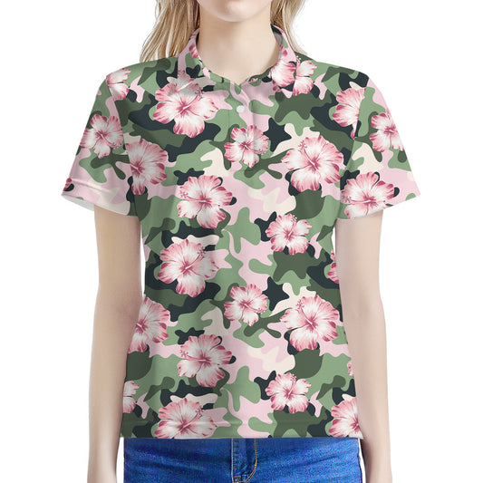 Pink Hibiscus Flower Camouflage Print Women's Polo Shirt