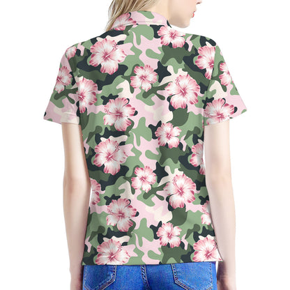 Pink Hibiscus Flower Camouflage Print Women's Polo Shirt