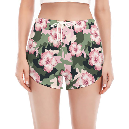 Pink Hibiscus Flower Camouflage Print Women's Split Running Shorts