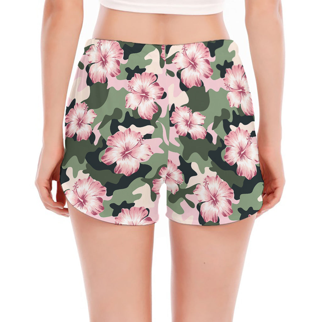 Pink Hibiscus Flower Camouflage Print Women's Split Running Shorts
