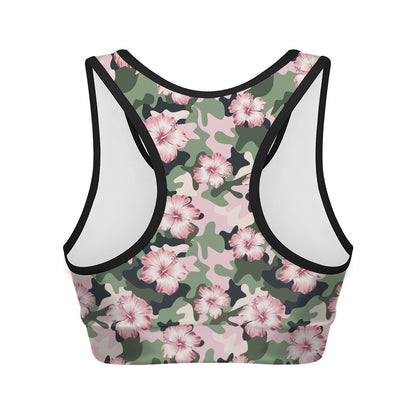 Pink Hibiscus Flower Camouflage Print Women's Sports Bra