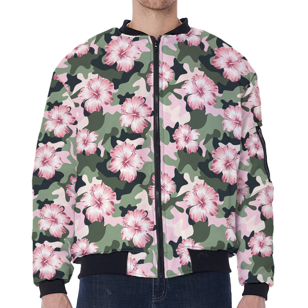 Pink Hibiscus Flower Camouflage Print Zip Sleeve Bomber Jacket