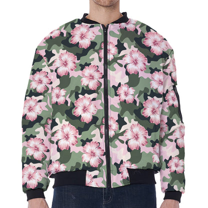 Pink Hibiscus Flower Camouflage Print Zip Sleeve Bomber Jacket