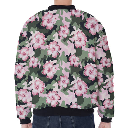 Pink Hibiscus Flower Camouflage Print Zip Sleeve Bomber Jacket